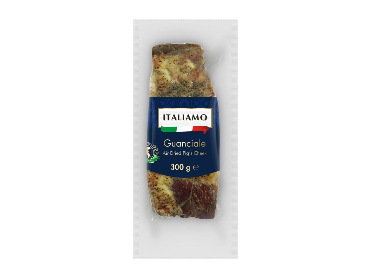 Vacuum-sealed package of air-dried pig's cheek, labeled 'Guanciale' with Italian flag, 300g.