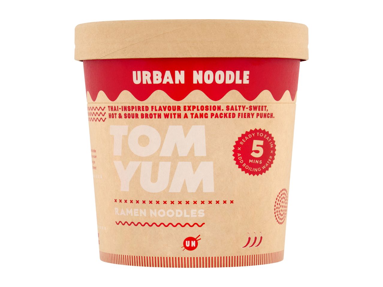Tom Yum ramen noodles in a cup, ready in 5 minutes, with a fiery Thai-inspired broth.