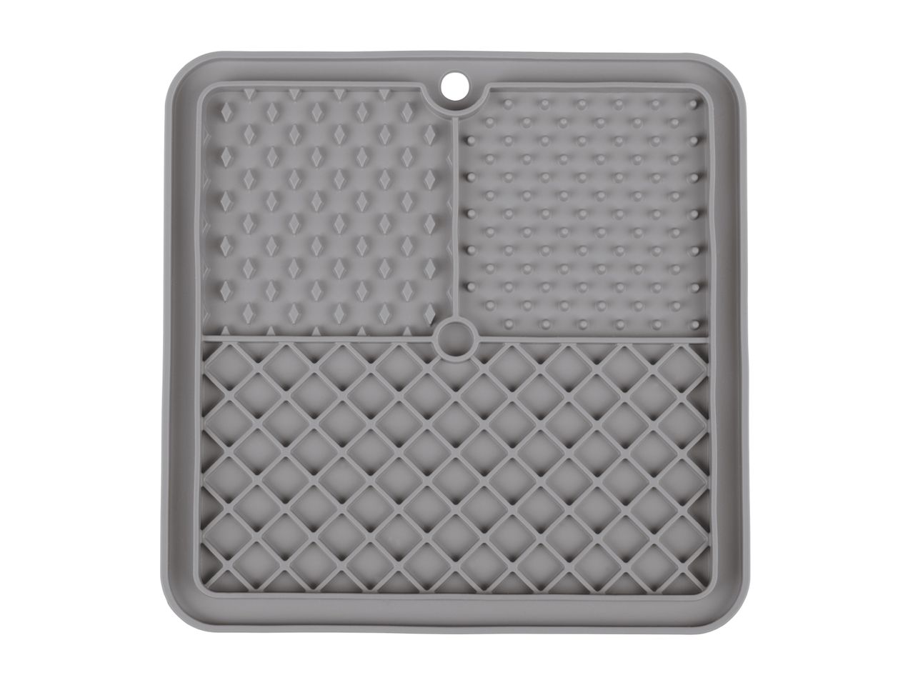 Grey silicone drying mat with three distinct textured sections for dishes and glasses.