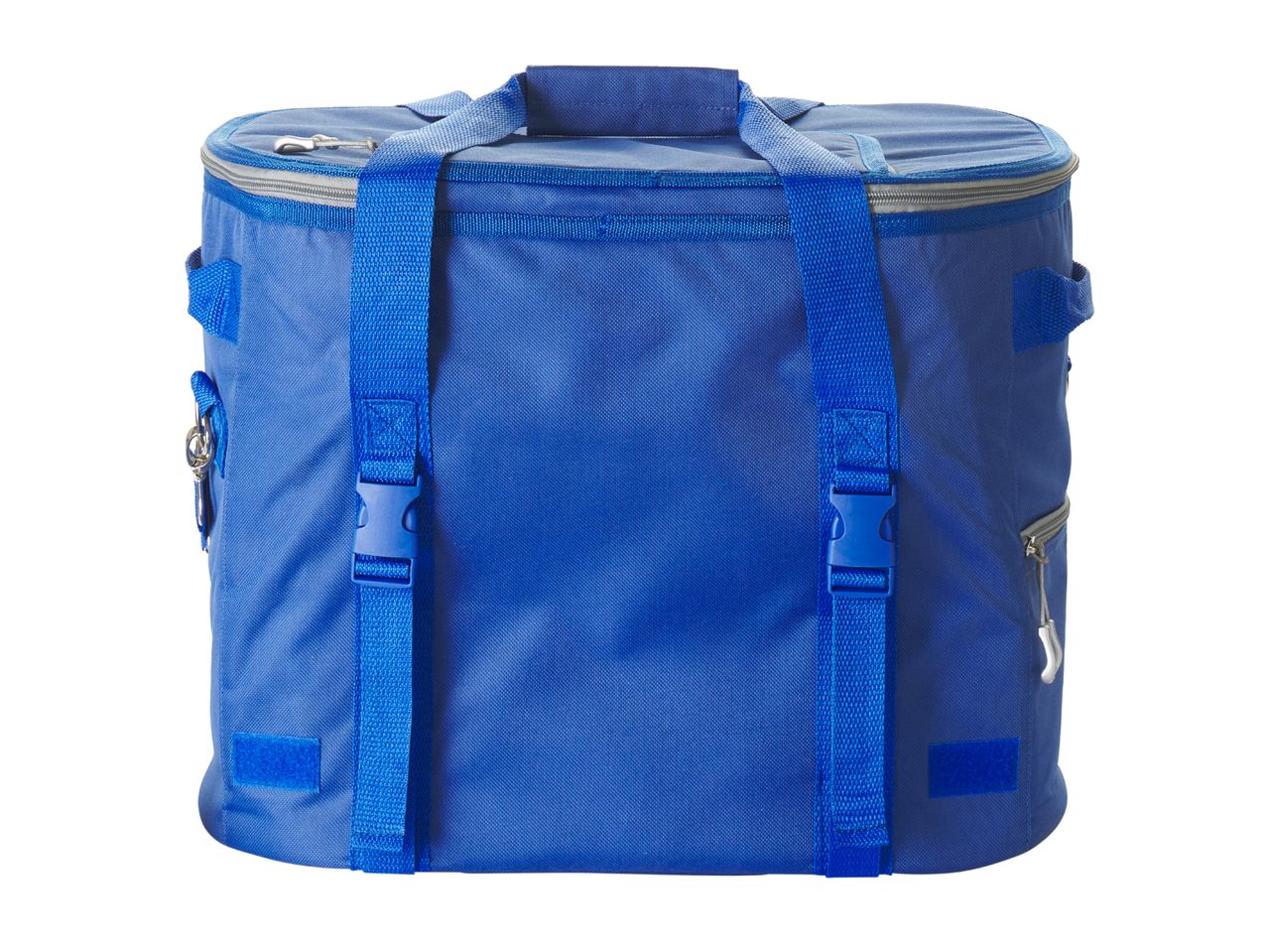 Blue cooler bag with a zipper, handles, and side buckles.