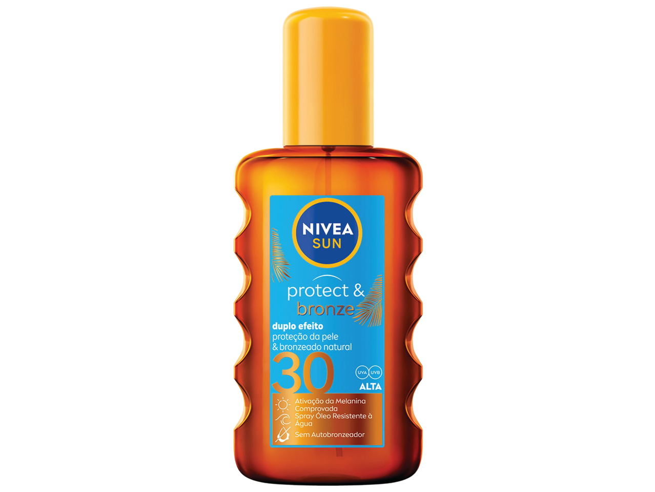 Protetor solar em spray com fator 30, resistente à água, para proteção e bronzeado natural.