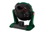 Portable green and black fan with red accents and a battery slot.
