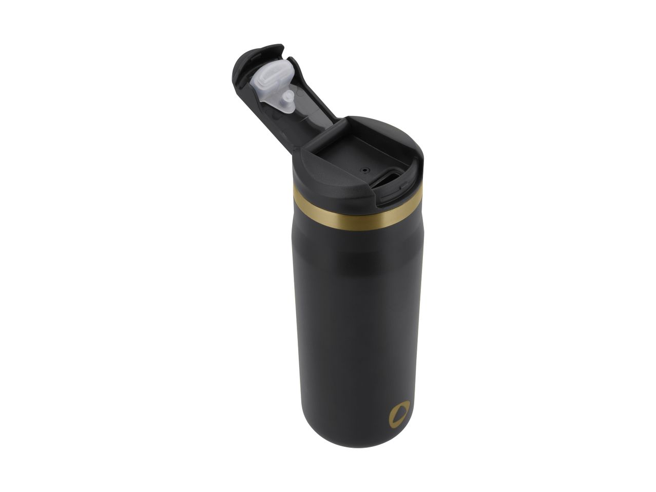 Black travel mug with a gold band and an open flip-top lid.