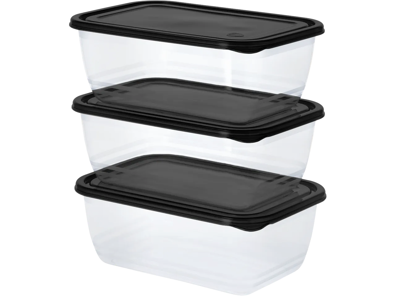 SILVERCREST® Food Storage Containers, set of three, clear with black lids, stacked.