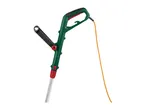 Electric garden tool with a green handle, red accents, and an orange power cord.