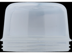 A close-up of a translucent plastic lid with a ribbed base.