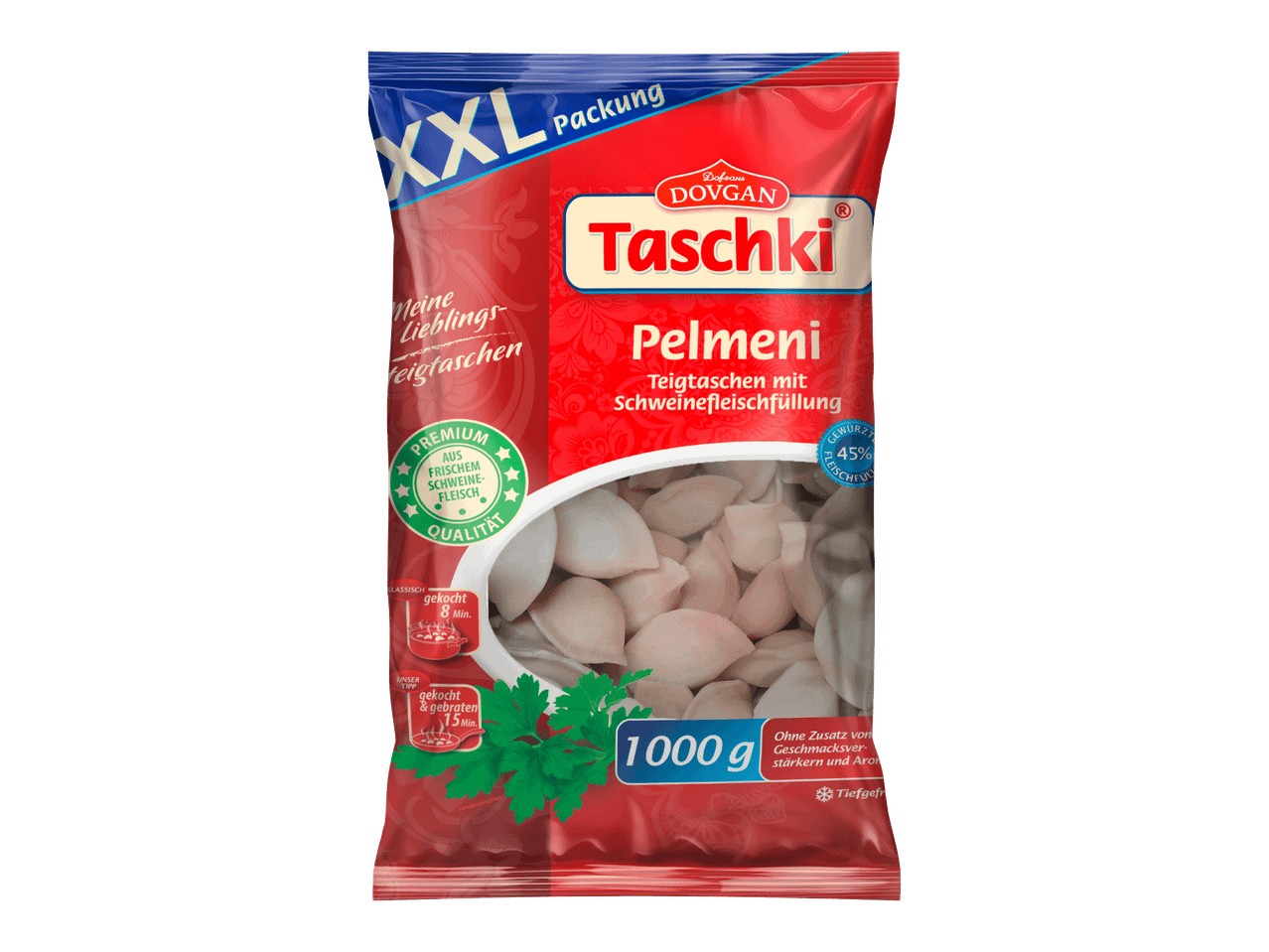 Pussi pakastettuja pelmeneitä porsaanlihatäytteellä, 1000 g.