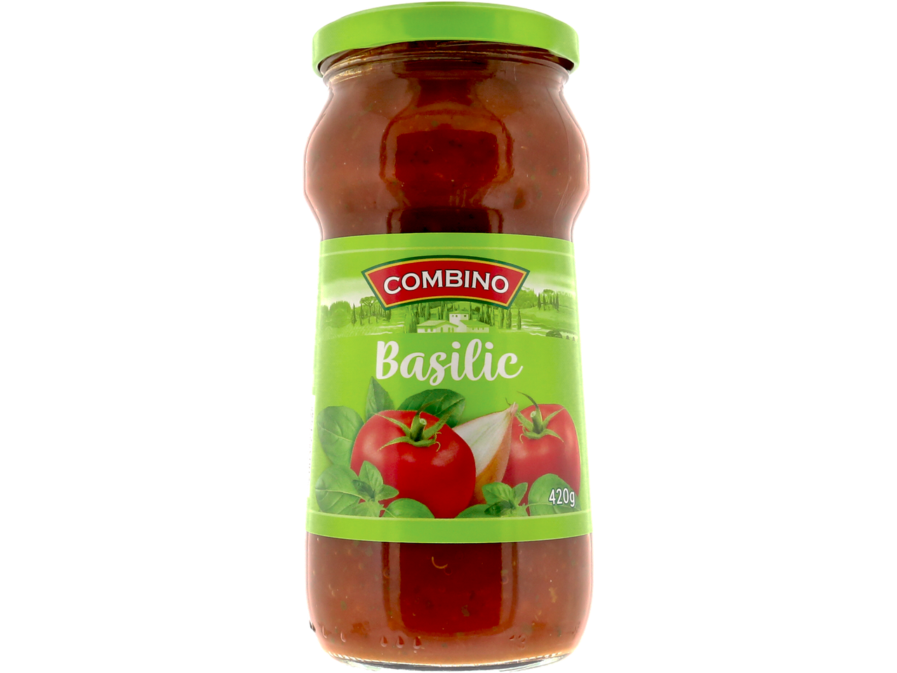 Un pot de sauce tomate Combino au basilic avec des tomates et des feuilles de basilic.