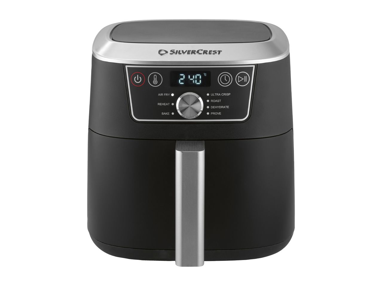 Black and silver hot air fryer with digital display showing 240 degrees