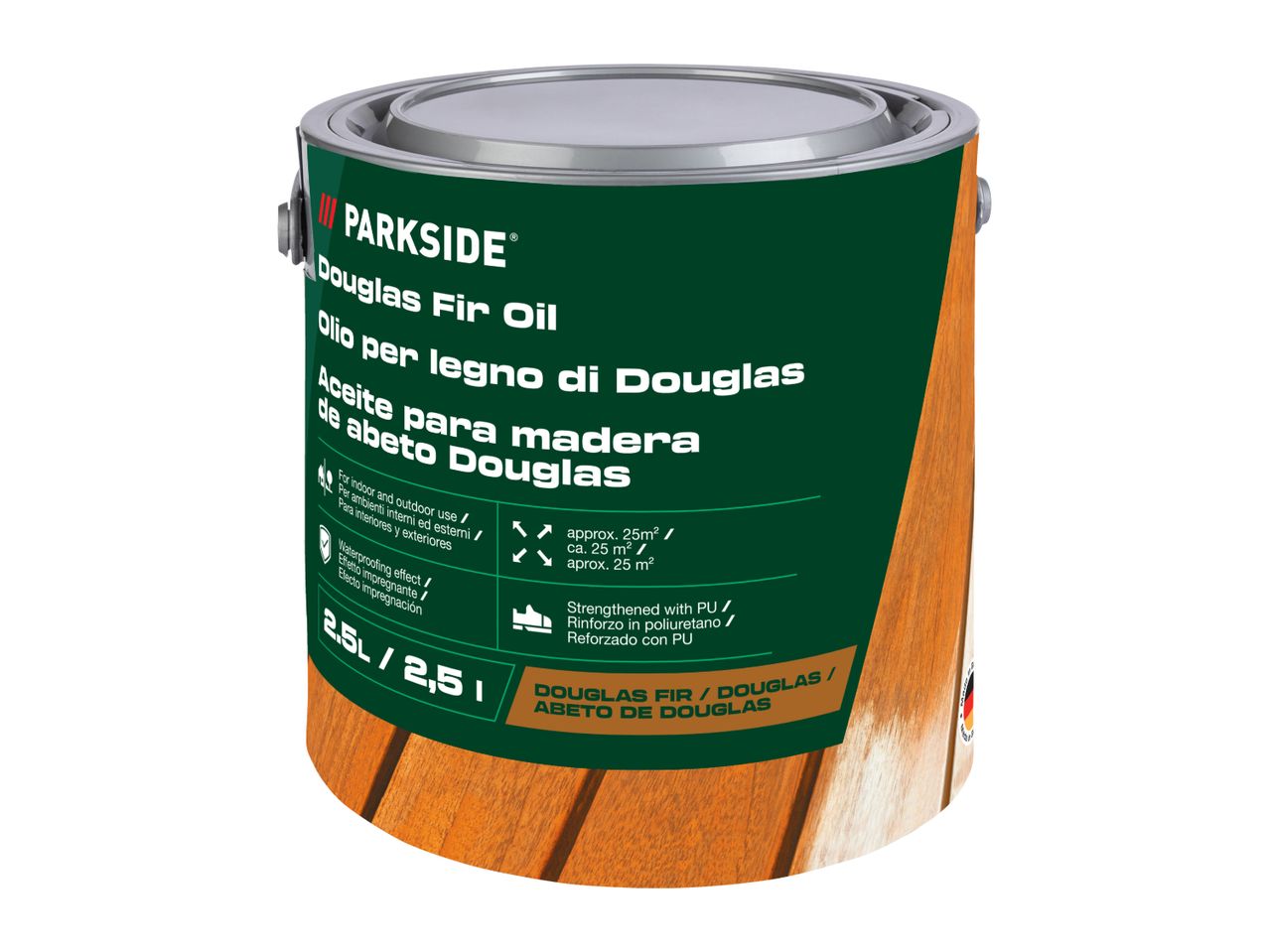 Douglas fir wood oil in a green can, highlighting indoor/outdoor use and waterproofing.