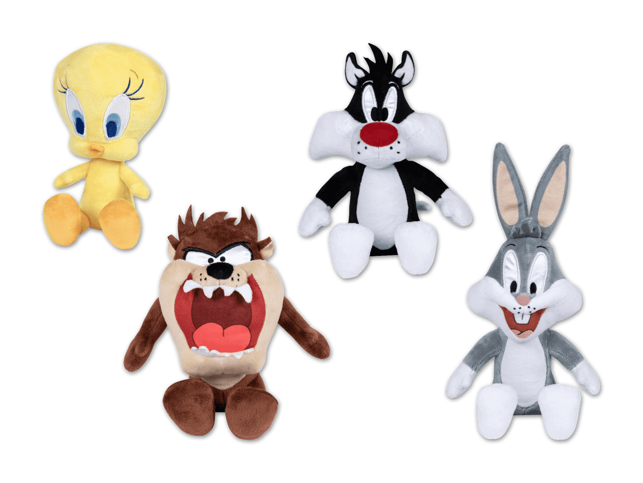 Vier Looney Tunes Plüschtiere: Tweety, Sylvester, Taz und Bugs Bunny auf schwarzem Hintergrund.