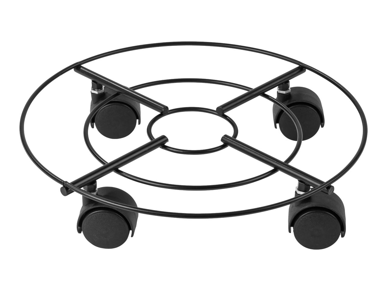 Black metal plant caddy with four wheels on a white background