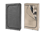 Zwei faltbare Textil-Kleiderschränke, einer grau, einer beige, mit Kleidern und Accessoires.