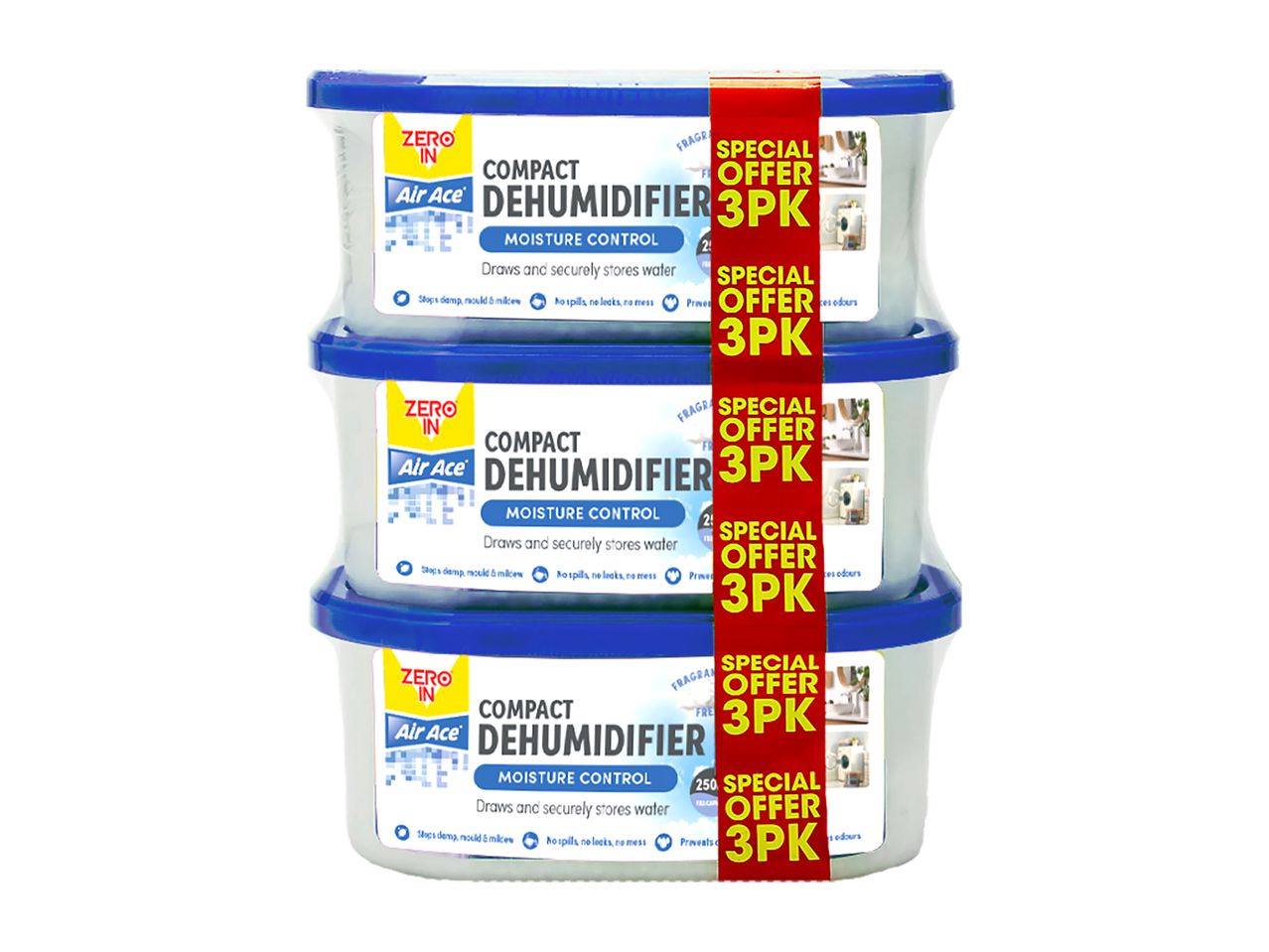 A three-pack of compact dehumidifiers with a special offer band.