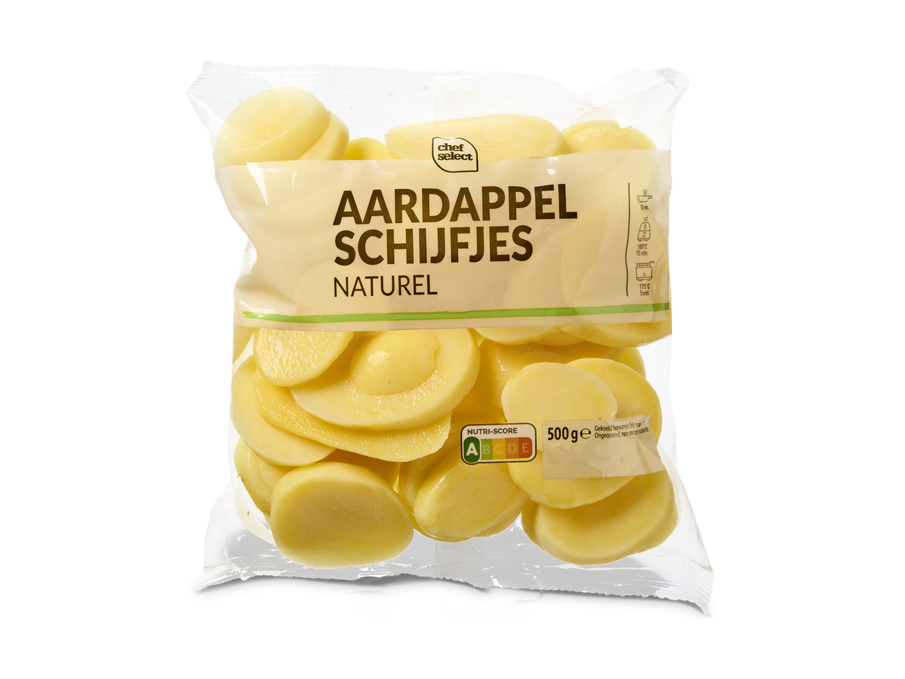 Zak aardappelschijfjes naturel met Nutri-Score A en bereidingsinstructies.