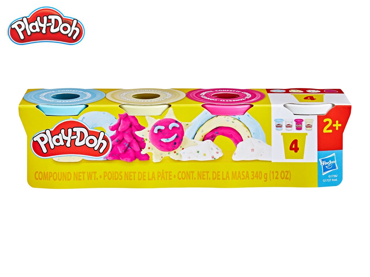Four-pack of modeling compound with confetti, featuring playful shapes and a 2+ age rating.