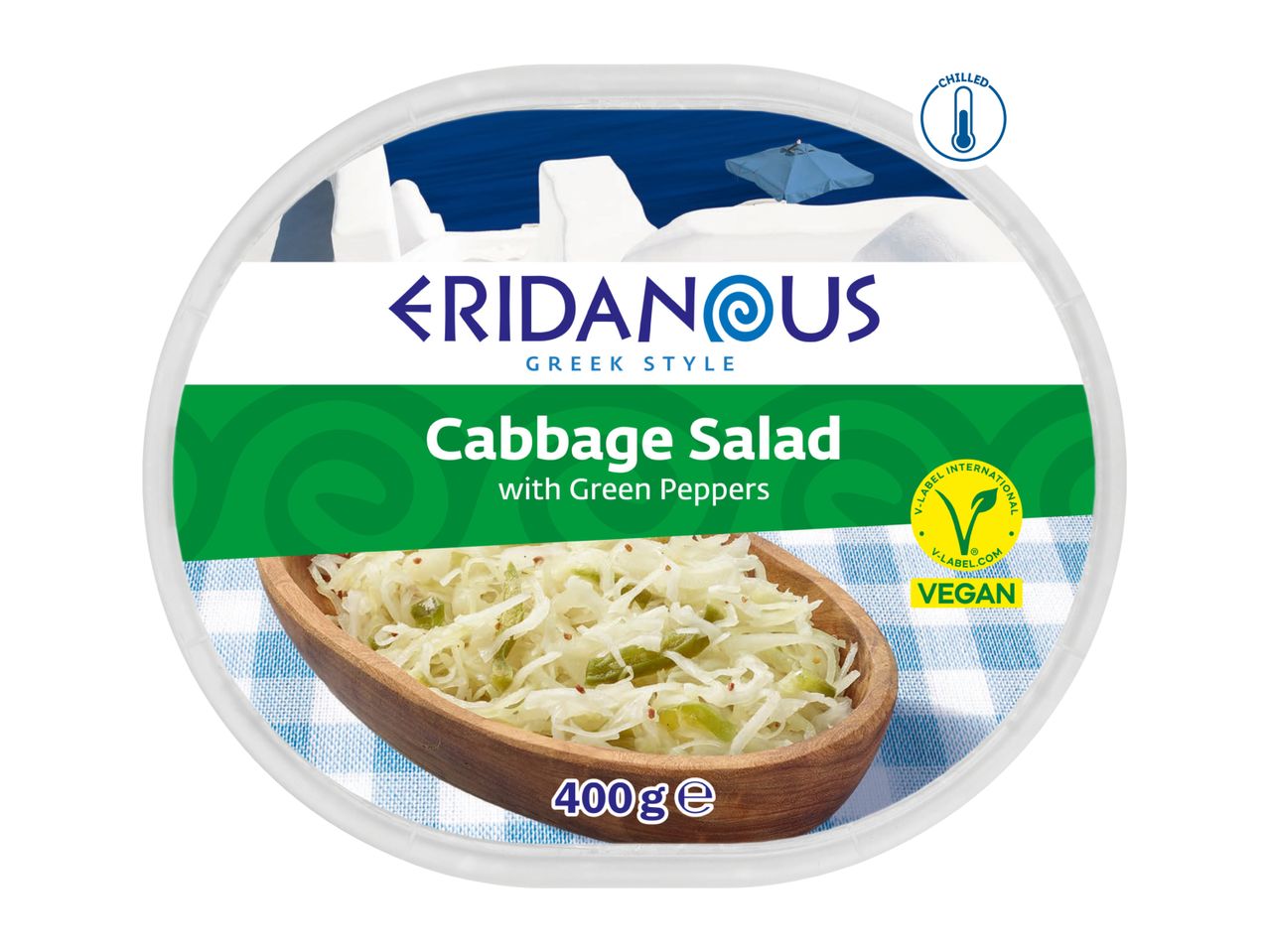 Eridanous Greek Style Cabbage Salad with Green Peppers, 400g, vegan and chilled.