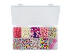 A clear plastic organizer box filled with various colorful beads and crafting string.