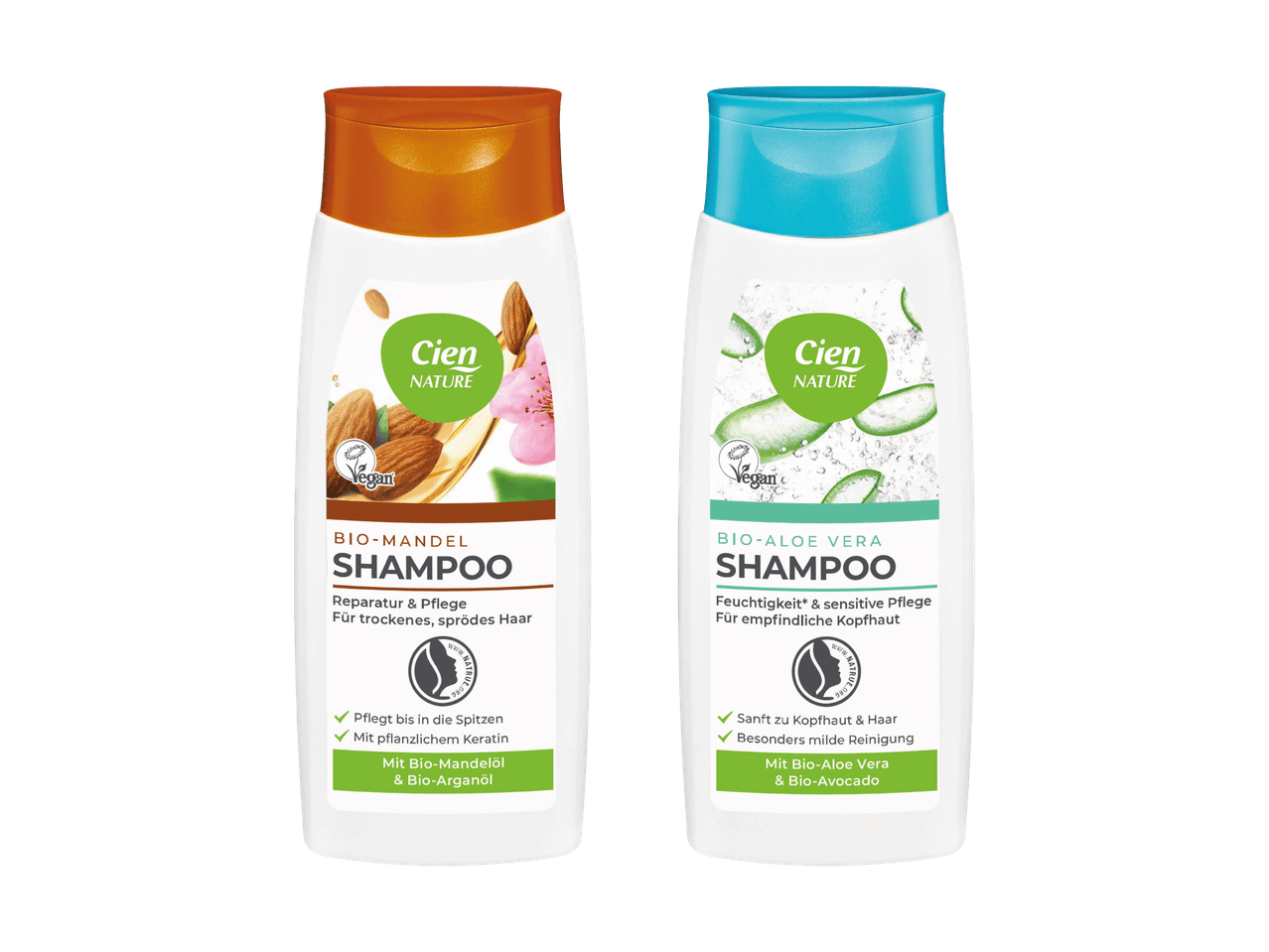 Zwei Flaschen Bio-Shampoo mit Mandel und Aloe Vera für trockenes Haar und empfindliche Kopfhaut.