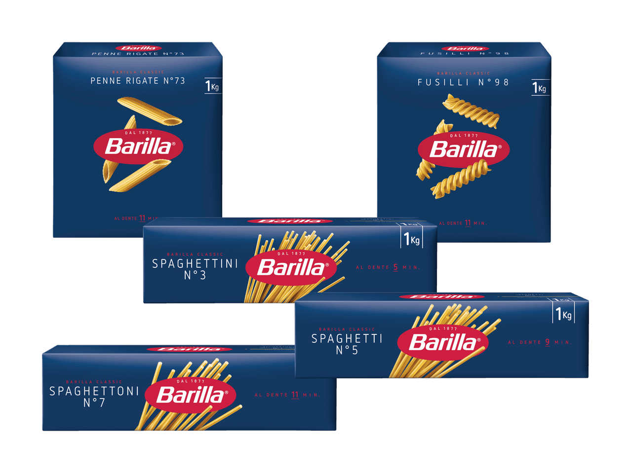 Eine Auswahl an Barilla-Nudeln, darunter Penne Rigate, Fusilli, Spaghettini, Spaghetti und Spaghettoni.