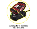 Prečrtana slika baterije in polnilnika z besedilom: Akumulator in polnilnik nista priložena.