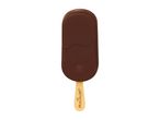 A chocolate-covered ice cream bar on a stick with a bite taken out of it.