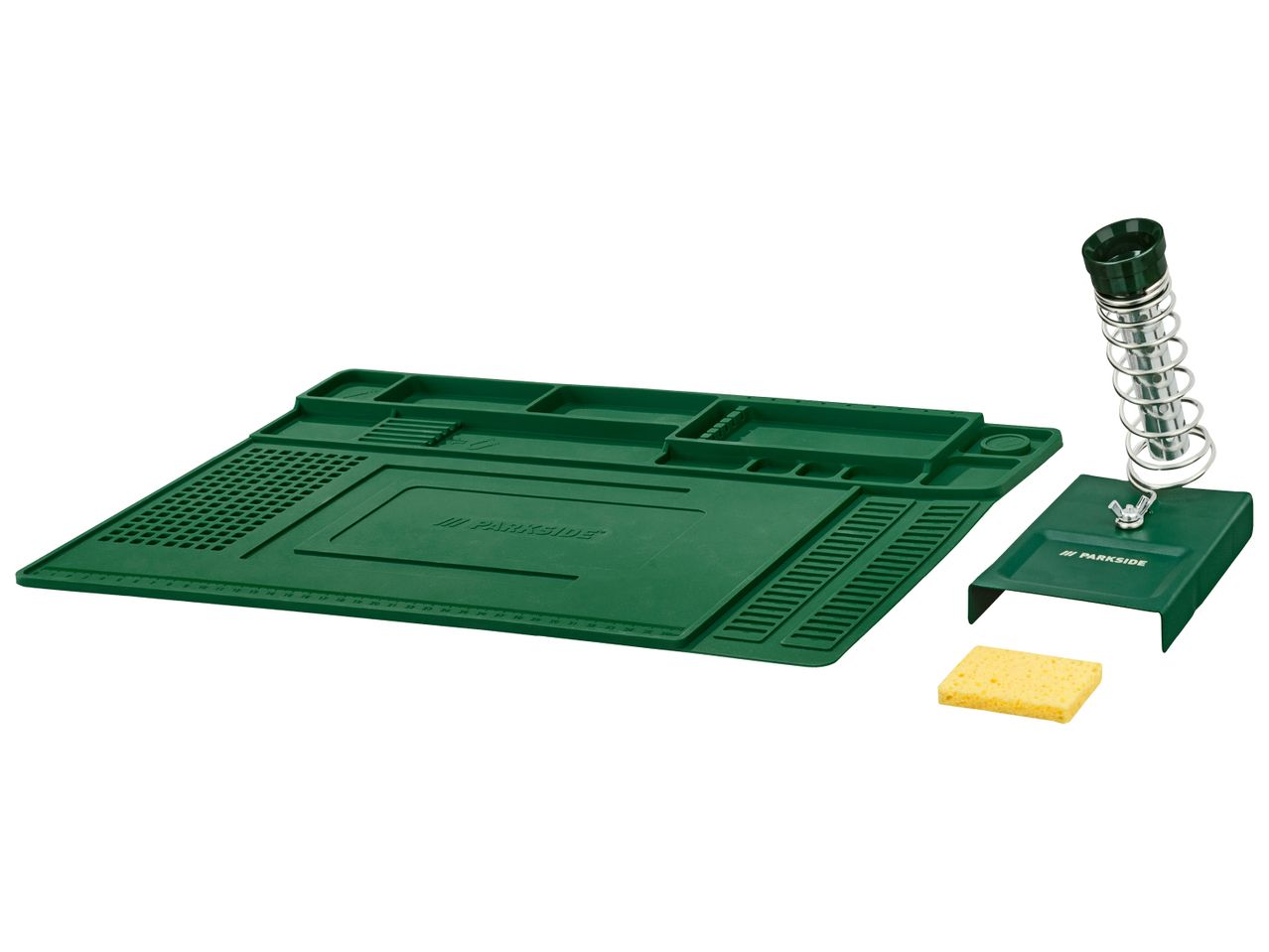 Комплект за запояване Parkside със зелена подложка и стойка за поялник.