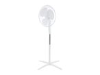 White pedestal fan with a round head and a cross-shaped base