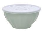 Light green mixing bowl with a translucent white lid, isolated on a white background.