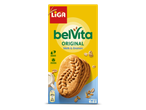 Een pak ontbijtkoekjes met melk en granen, met een afbeelding van de koekjes en een kopje melk.