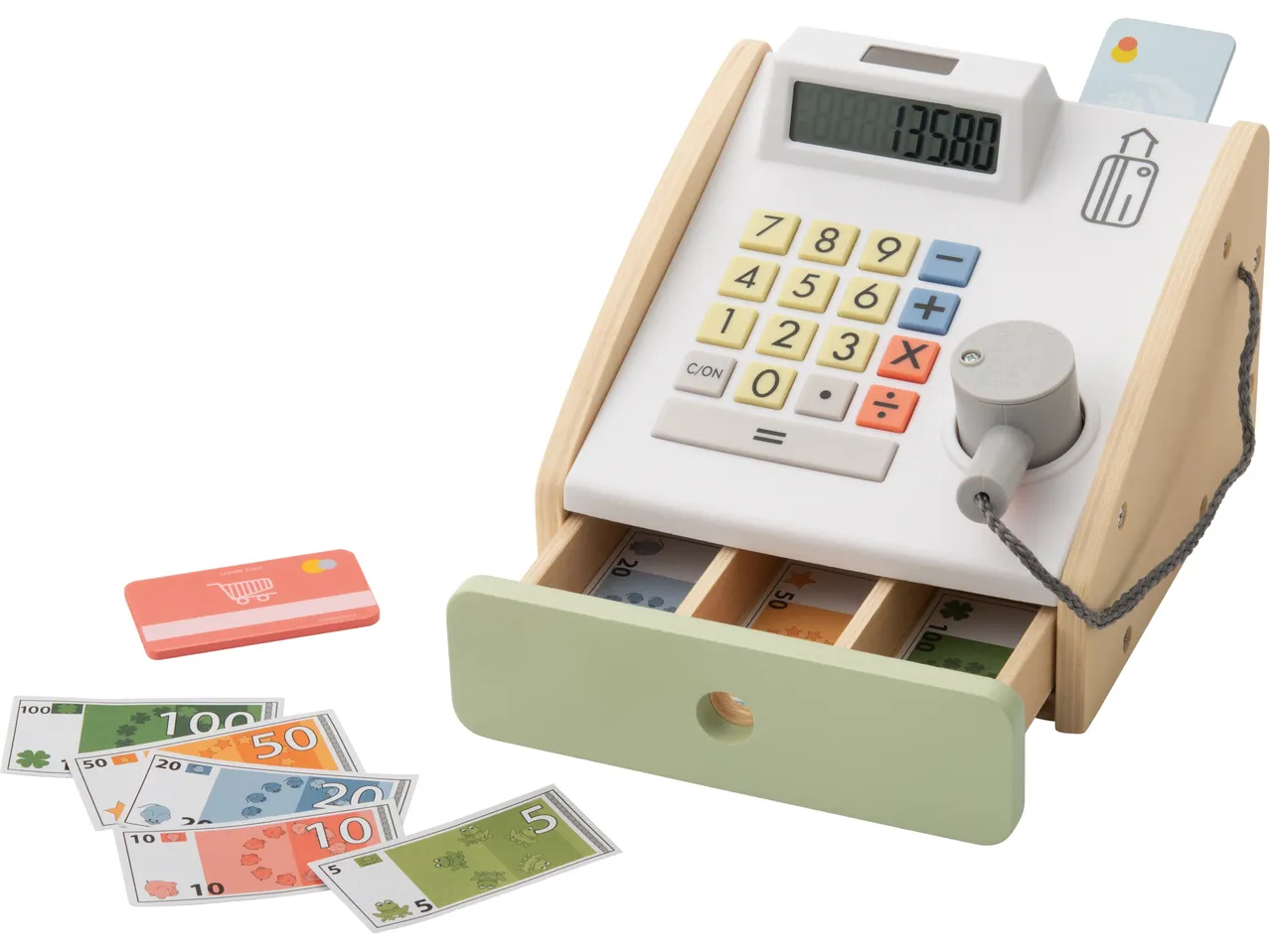Koka rotaļu kases aparāts ar papīra naudu un kredītkartēm.