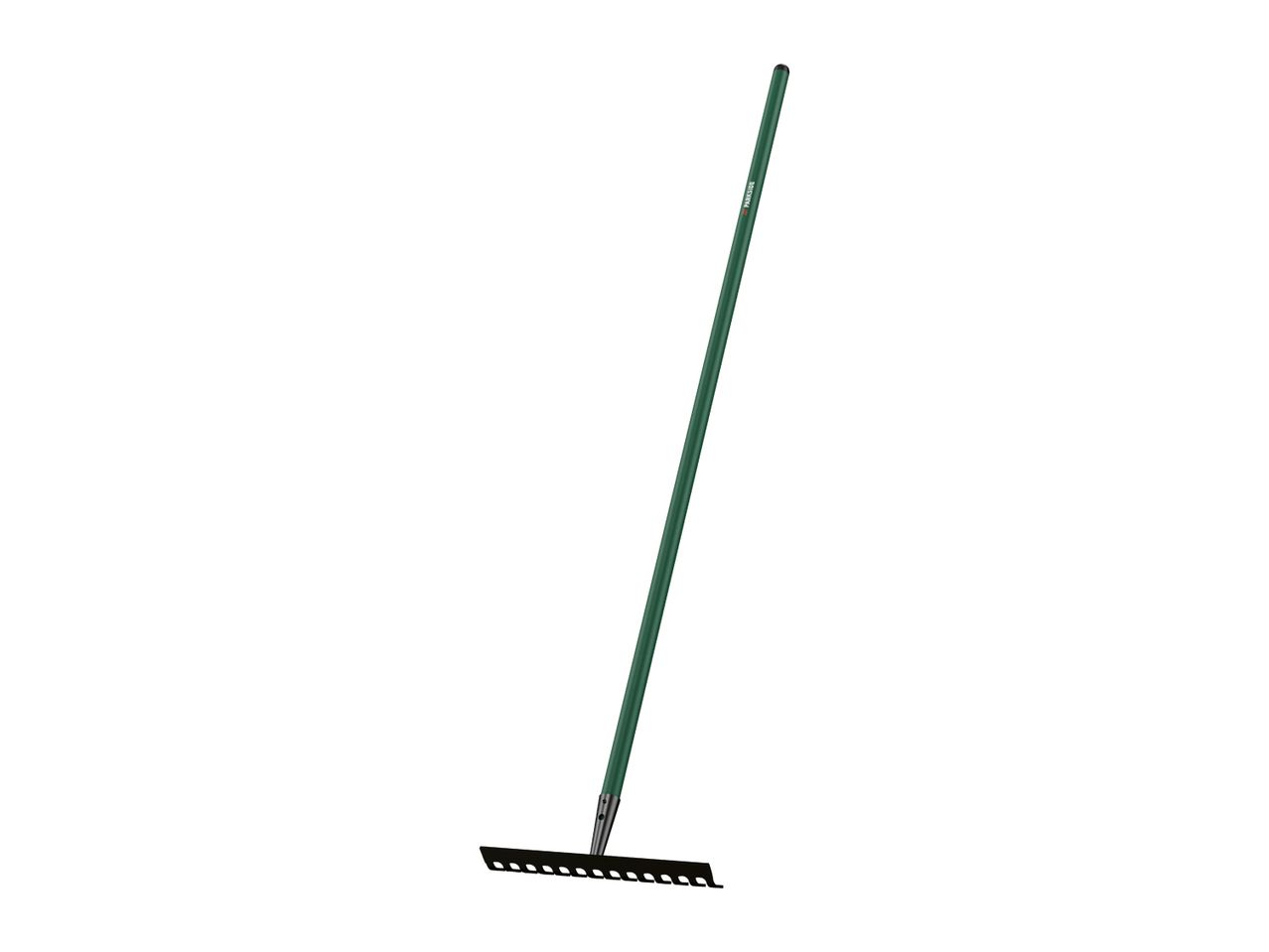 Green garden rake with a black head and handle, angled on a white background.
