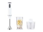Hand blender set with a mixing beaker containing fruit and a chopper attachment
