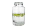 Glass beverage dispenser with metal clip lid, filled with water, lime slices, and ice cubes.