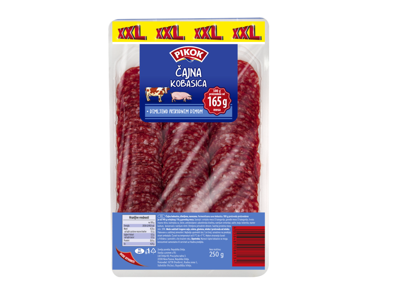 Pakovanje čajne kobasice, dimljene, narezane, sa oznakom XXL i neto težinom od 250g.