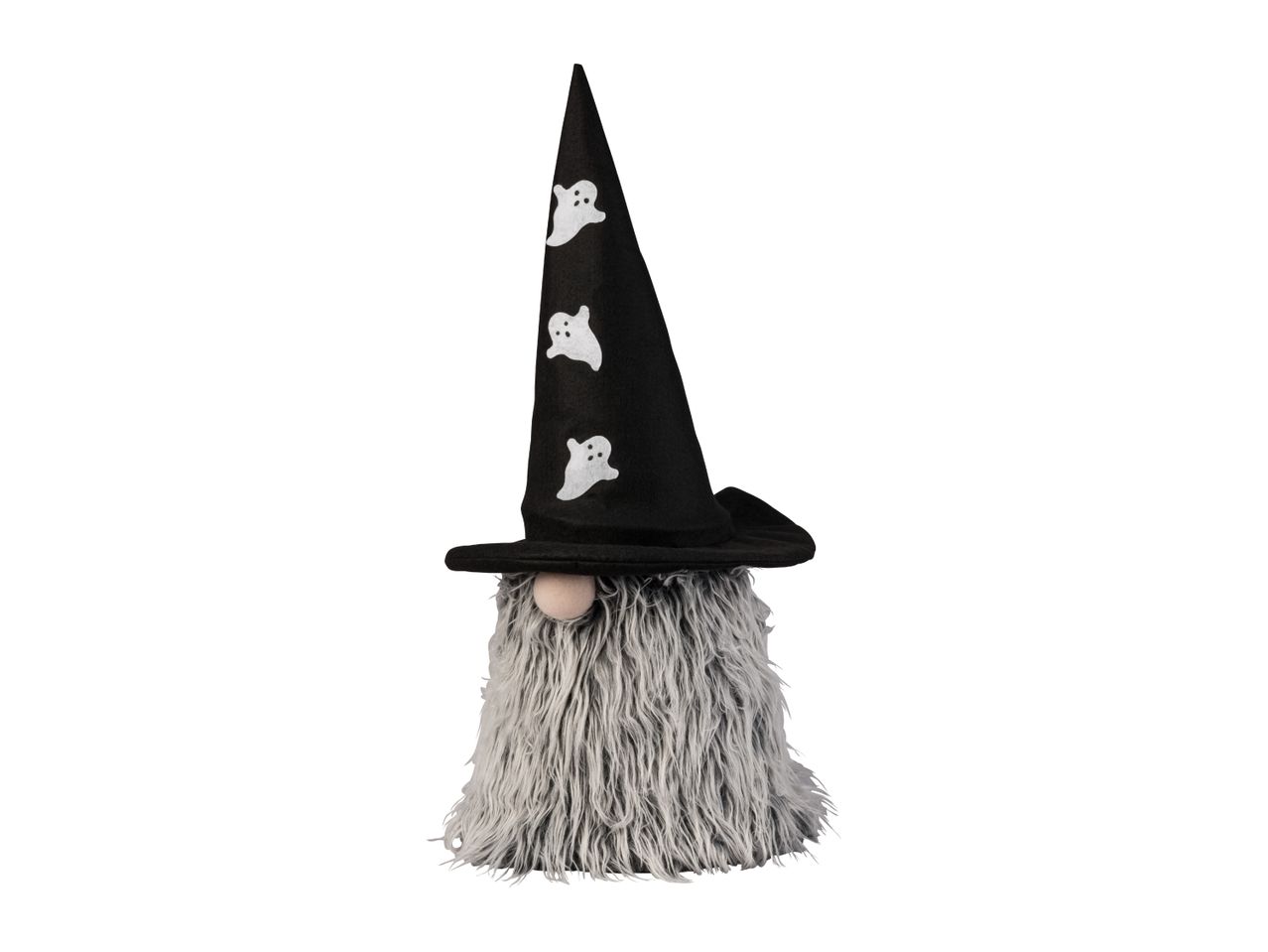 Halloween gnome decoration with a black witch hat decorated with ghosts and a grey beard