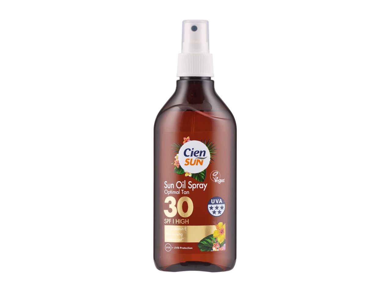 Sun oil spray with SPF 30, vitamin E, moisturizing, and waterproof, offering UVA + UVB protection.