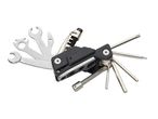 Multi-tool with wrenches, hex keys, and screwdrivers for bicycle repair.