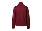 Women's red fleece jacket with a pink patch on the left sleeve, back view.