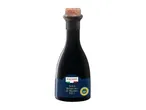 Bottle of balsamic vinegar with a blue label and cork stopper.