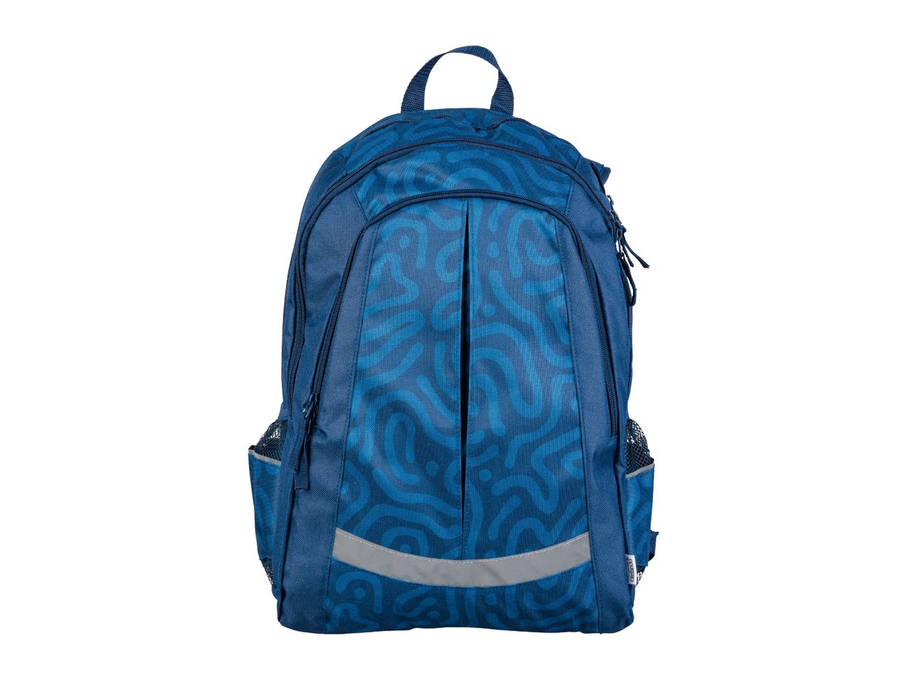 A blue Crelando backpack with a unique pattern and reflective strip.