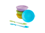 Munchkin feeding assortment with colorful bowls and spoons.
