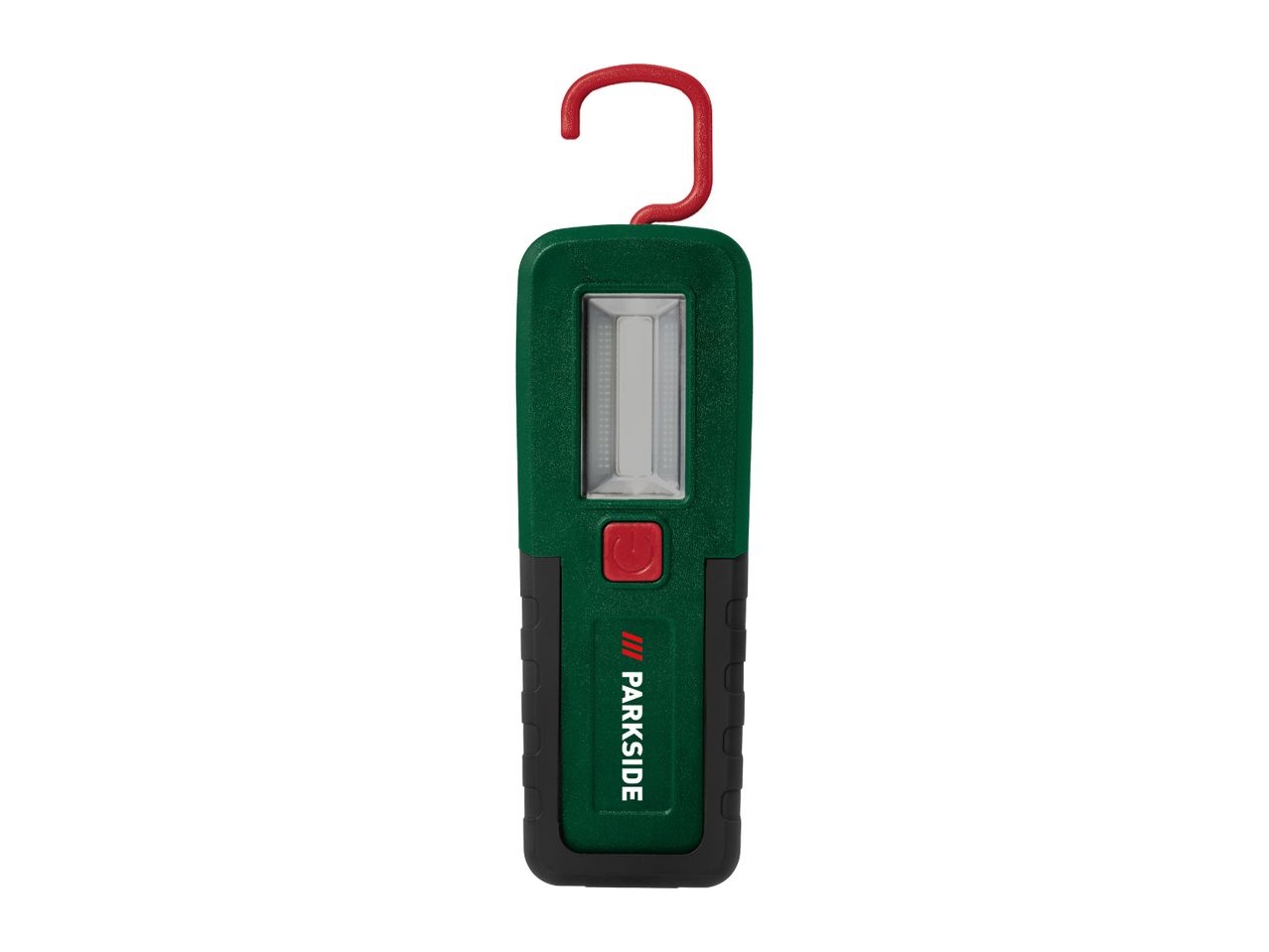Green and black work light with a red hook and power button.