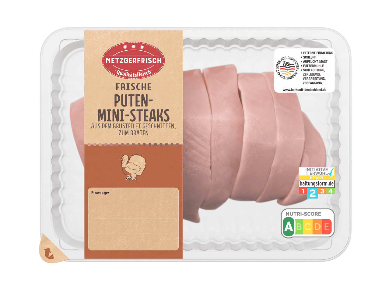 Verpackung mit frischen Puten-Mini-Steaks und Informationen zur Herkunft und Haltungsform.