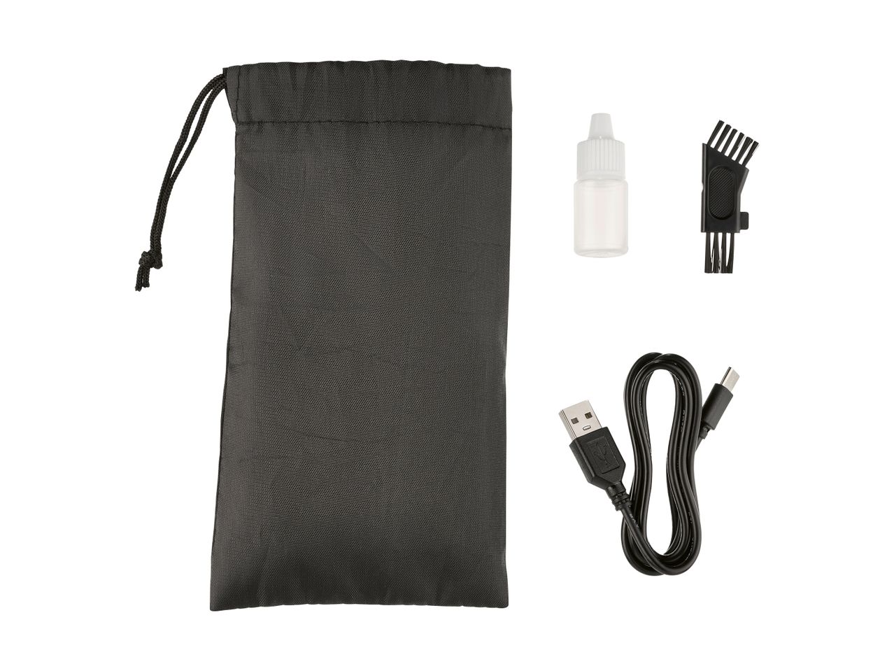 A black carrying pouch, USB cable, HDMI adapter, and small bottle are shown.