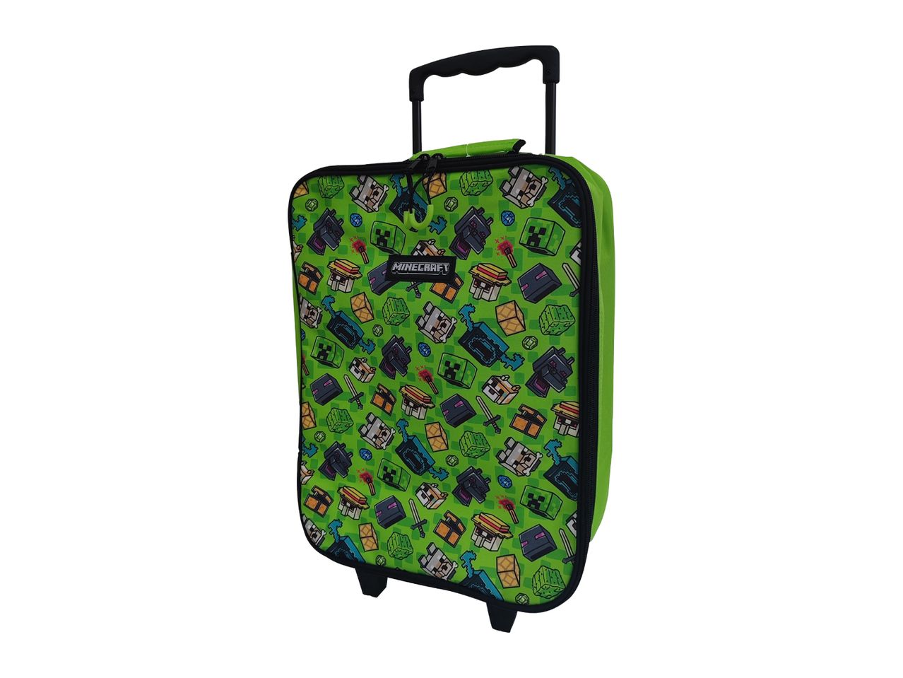 Green children's rolling suitcase with a pattern of pixelated video game characters and items.