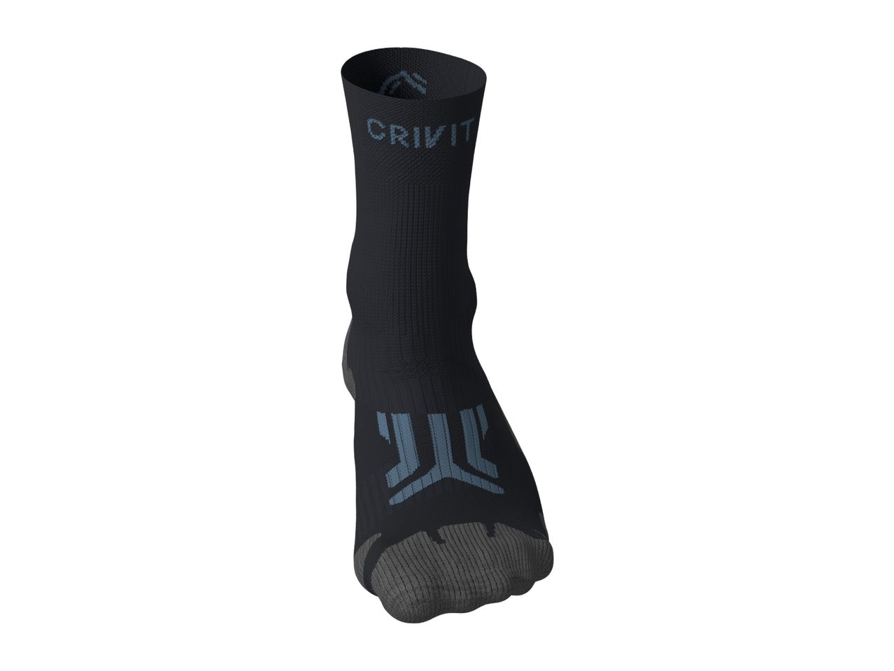 Black athletic crew sock with grey knit details on the toe and instep.