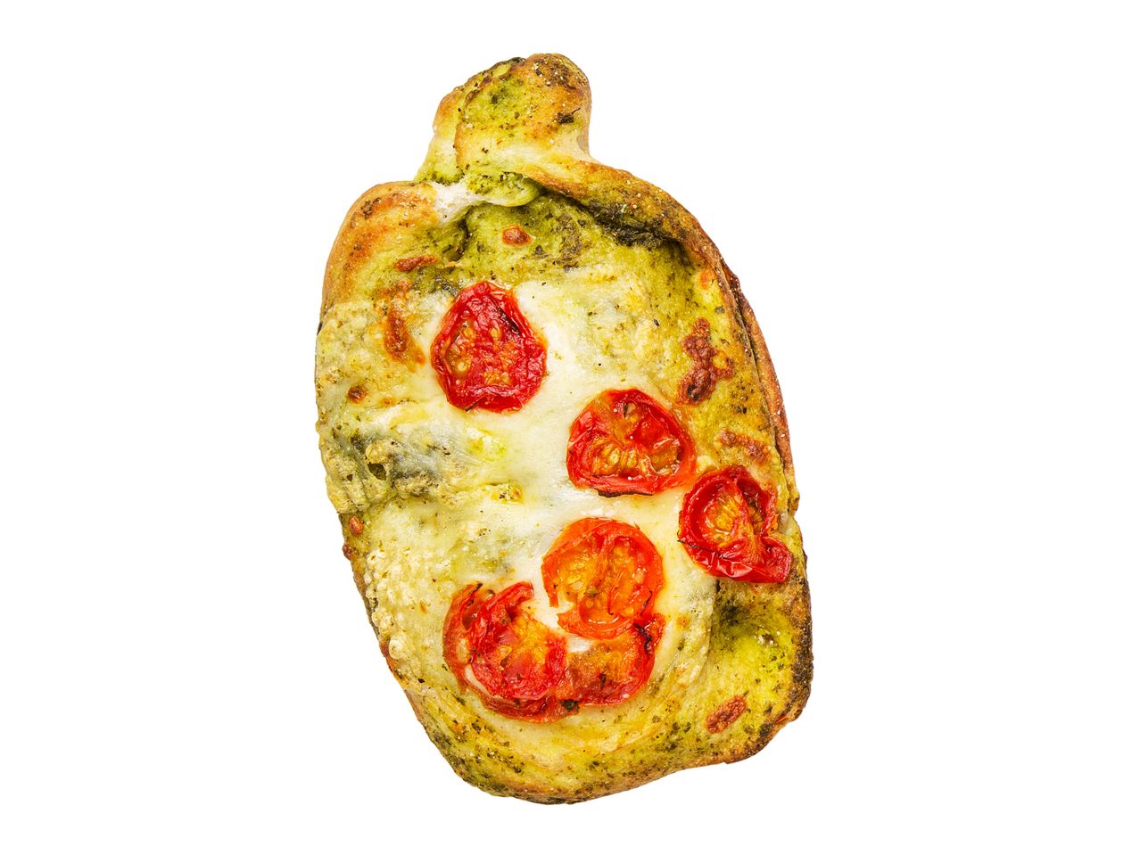 Pestoa, juustoa ja kirsikkatomaatteja sisältävä leipä.