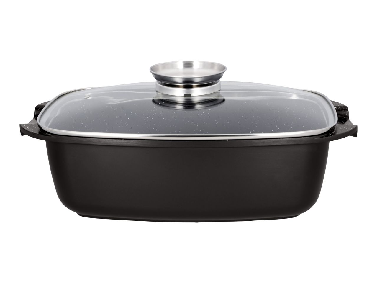 Black rectangular roasting pan with a glass lid and stainless steel aroma knob