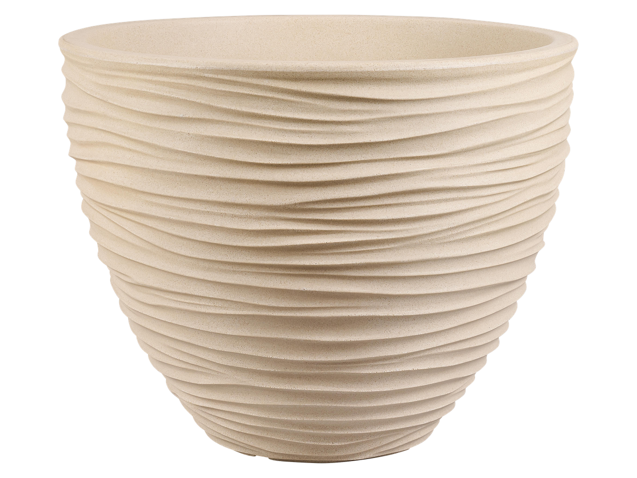 Krémszínű, hullámos mintázatú, kerek virágcserép.